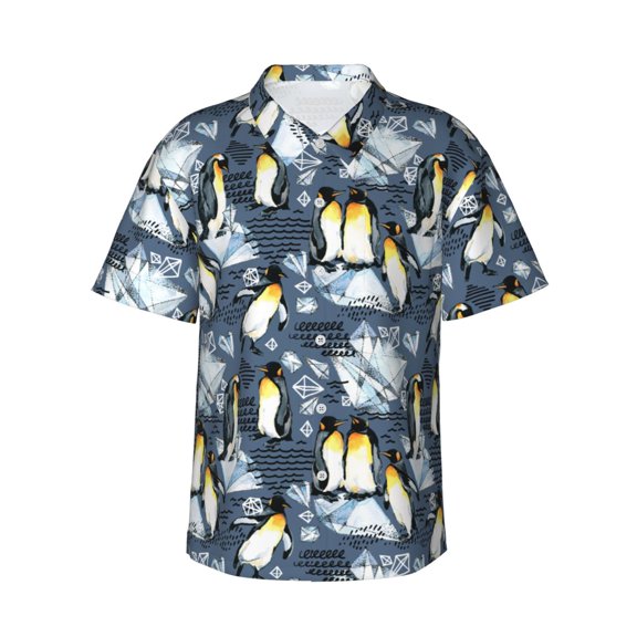 Kuqiui Penguin Arctic Adventure Pattern Men's Casual Button-Down Shirts Hawaiian Shirt Short Sleeve-XX-Large