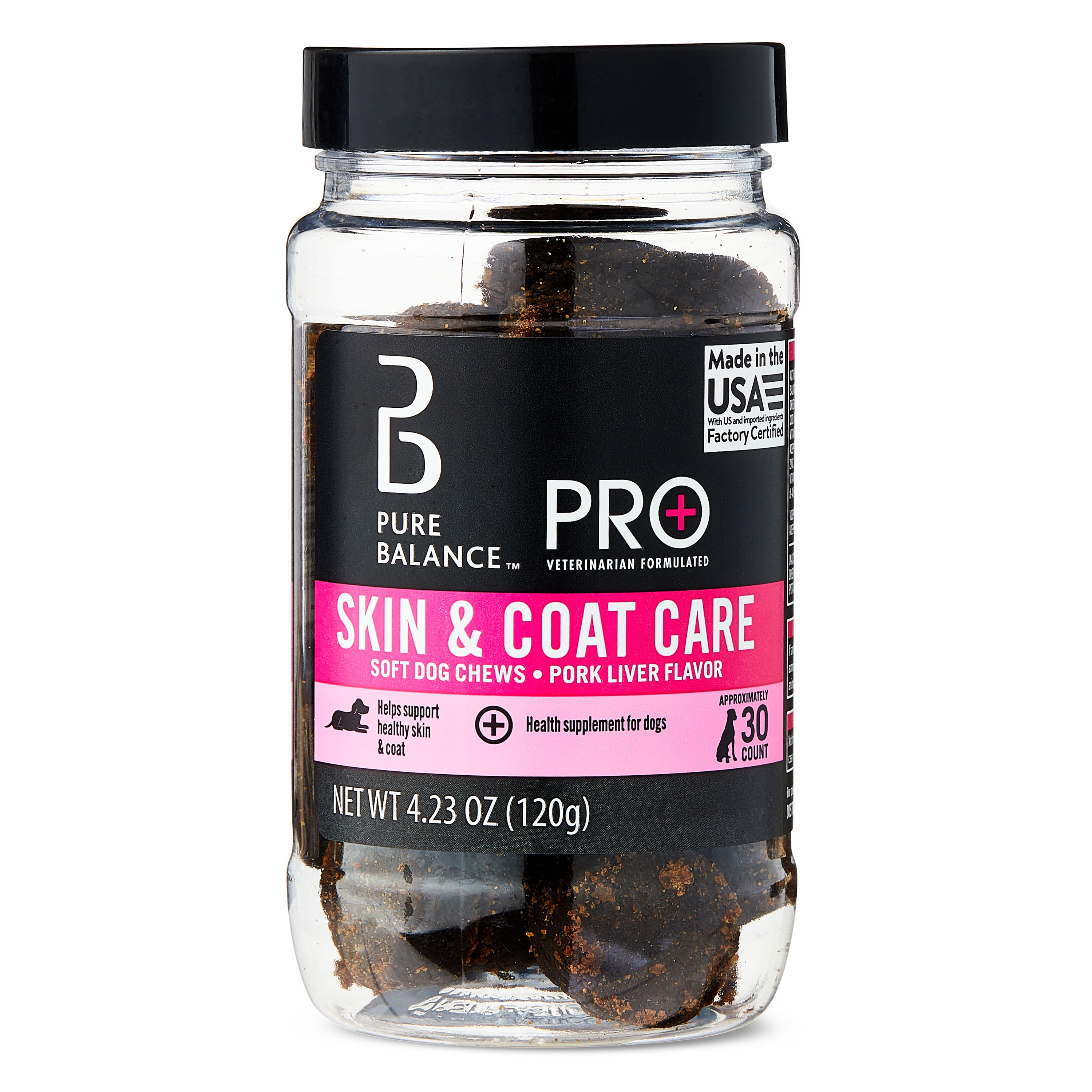 (3 pack) Pure Balance Pro+ Skin & Coat Care Dog Soft Chews, 4.23 oz, 30 Count