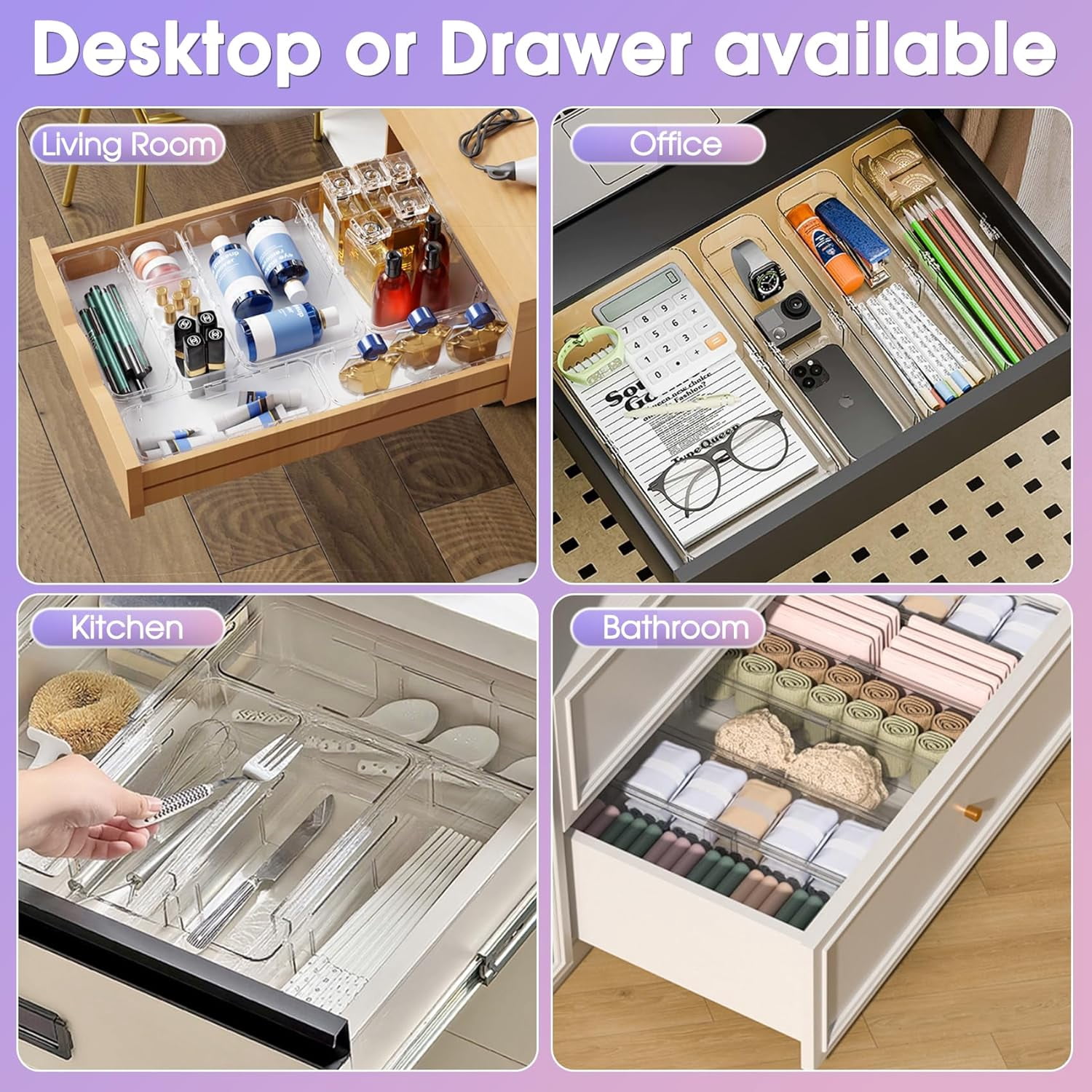 SSAWcasa 25 Pcs Extendable Clear Drawer Organizer, Adjustable Vanity Storage Box, 3-Size Desk Drawer Organizer, Non-Slip Storage Bins for Cosmetics, Jewelries, Stationeries, Tools, Cutleries