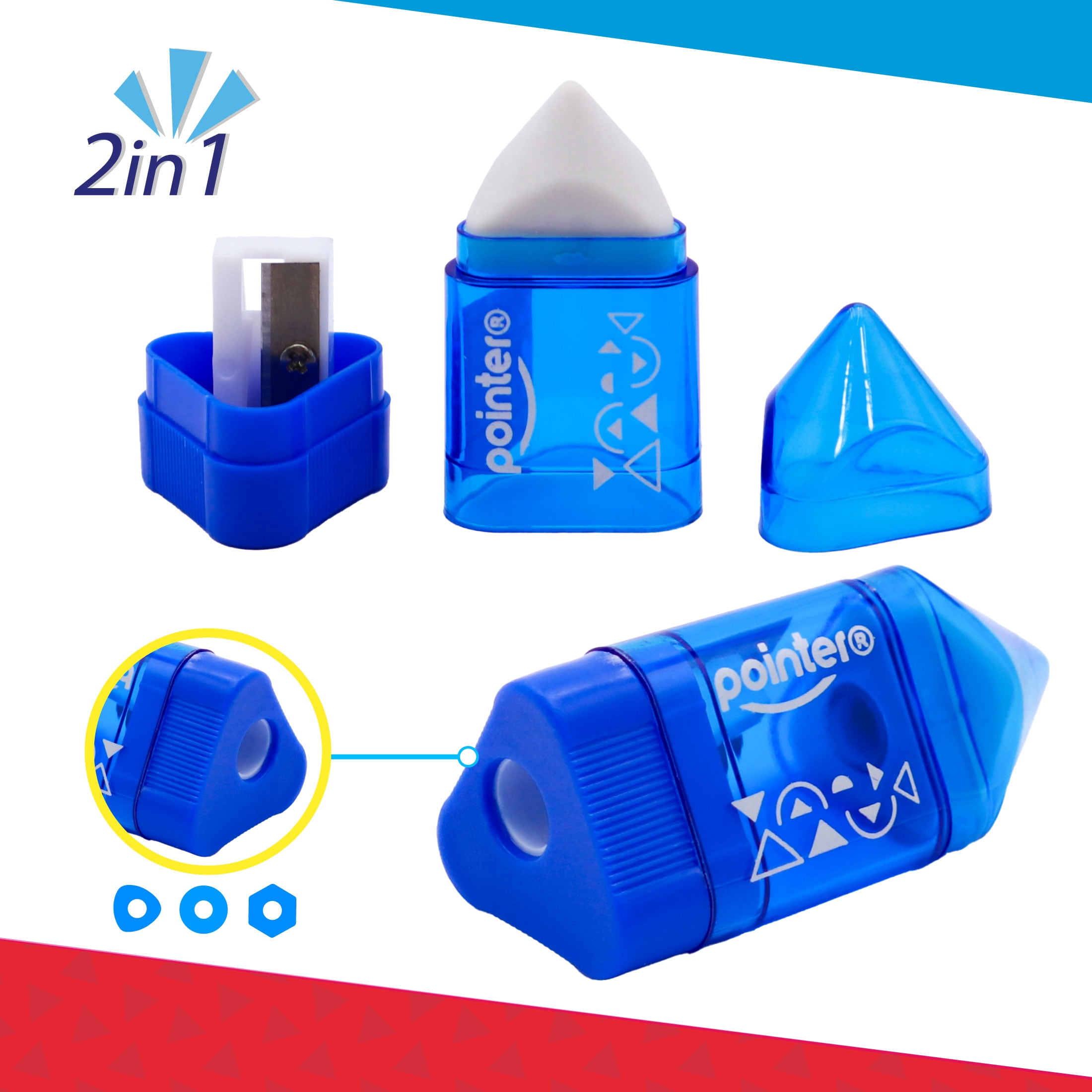 Pointer Handheld Manual Pencil Sharpeners, Rocket‑Shaped, Single‑Hole, 2‑in‑1 Eraser and Container, Assorted Colors, 24 Count, 1 pack