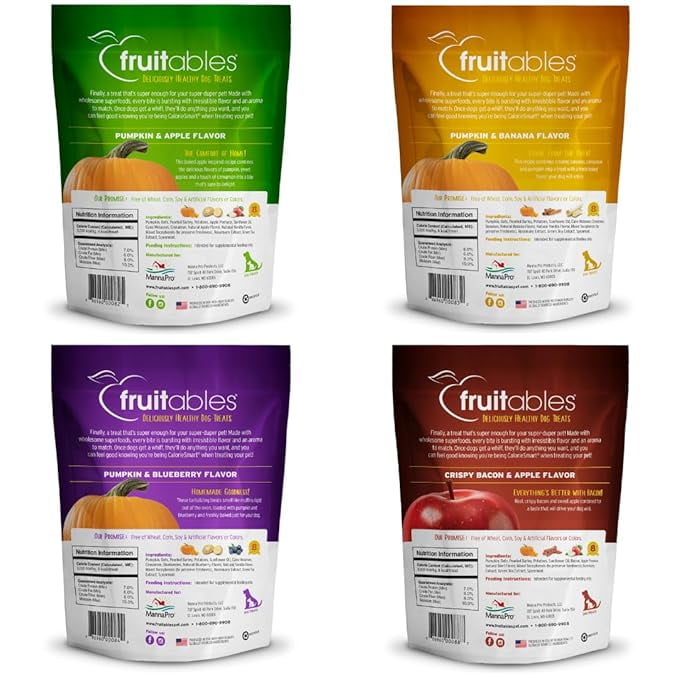 Fruitables Crunchy Dog Treats, (4) 12oz bag Variety Pack (Apple/Bacon, Pumpkin/Blueberry, Pumpkin/Banana, and Pumpkin/Apple)