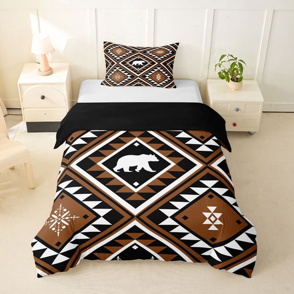 Erosebridal Boho Geometric Aztec Twin Bedding For Teens Adults,Tribal Style Animal Bear Duvet Cover Set For Boys Girls,Black Brown,Black Reversible,2pcs,No Comforter