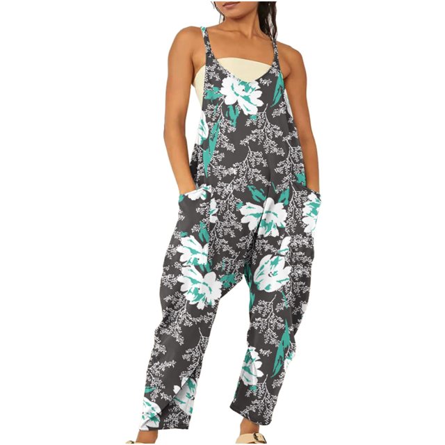Gibobby pantalones holgados de oficina Mono estampado sin mangas con cuello en V informal de verano para mujer(Negro, L)