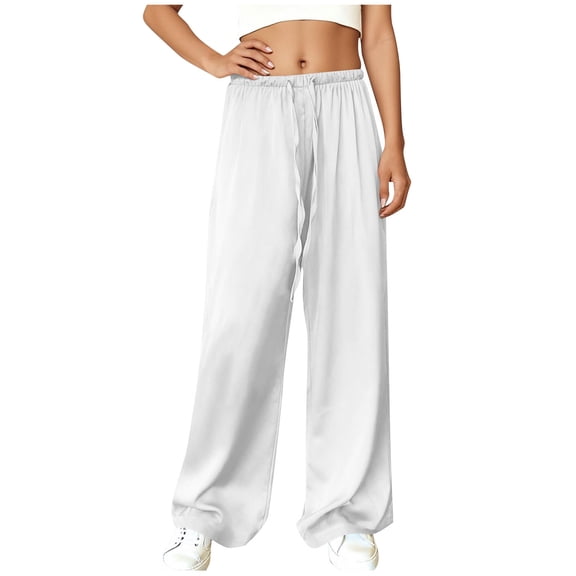 Posijego Women's Silk Satin Pajama Pants High Waist Drawstring Stretch Casual Wide Leg Sleep Pants for Women