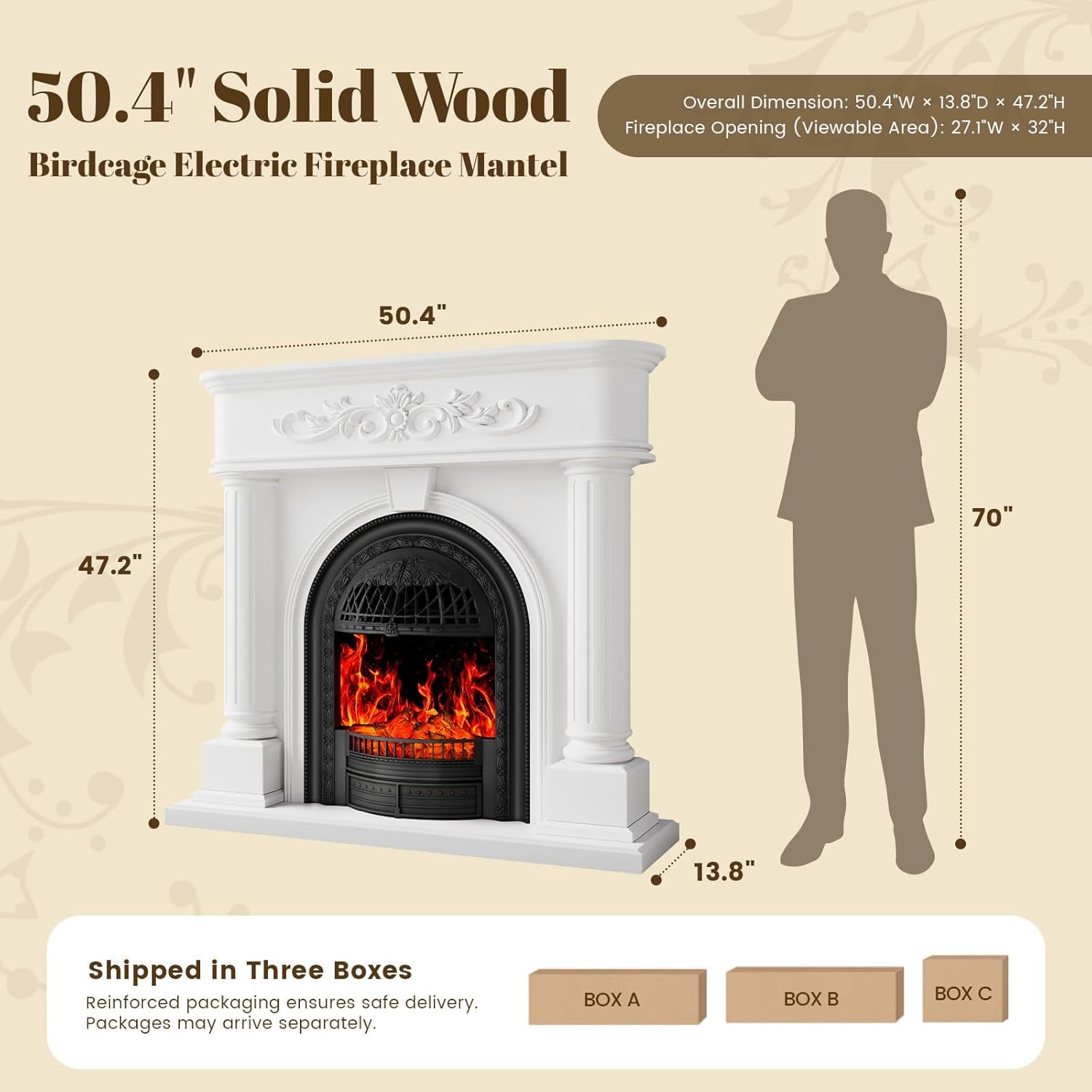 BOSHIRO 50” Electric Fireplace with Mantel, Solid Wood Roman Column TV Stand with Birdcage Heater Insert, Fireplace for Living Room, Bedroom & Entryway