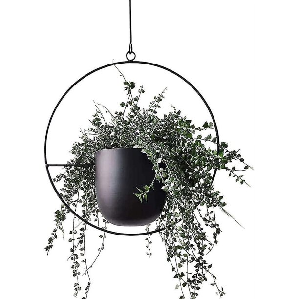 Maceta colgante de metal, cesta colgante negra para fijación a pared y techo, clorofito, suculentas verdes, plantas artificiales redondas (hy)