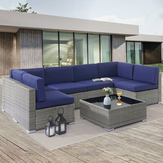 Sonerlic Outdoor Conversation Sofa Sets with 7 Pieces,Sectional Furniture All-weather PE Rattan Wicker Sofa Sets for Porch Backyards Garden,Gray&Blue