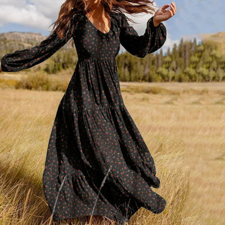 symoid Long Dresses for Women- Fashion Casual Chiffon Hedging V-neck Large  Pendant Long Sleeve Floral Dress Black L 