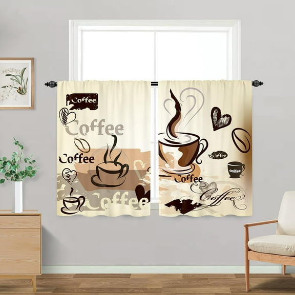 Coffee Kitchen Curtains, Cafe Brown Tea Retro Art Small Short Cafe Window Curtain Over Sink Bathroom Dining Room Decor Rod Pocket Window Drapes 2 Panels 36"x28" Inch