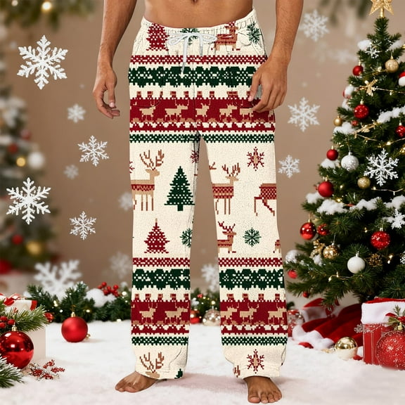 Xcmzpl Christmas Pajama Pants for Men Flannel Lounge Pants Elastic Waist Loose Soft Comfortable Print PJ Bottoms Trousers Xmas