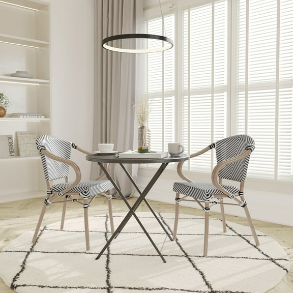 Emma Oliver Set of Two Indoor/Outdoor Stacking Thonet Bistro Style Chairs with Arms, Black & White Textilene Seat and LT NAT Bamboo Metal Frame