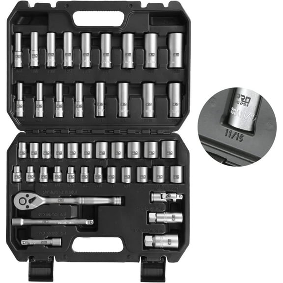 PROSTORMER 46-Piece Drive Socket Wrench Set, 3/8 Impact Socket Mechanic Tools SAE/Metric with 72 Tooth Ratchet, Universal Joint, Extension Bars