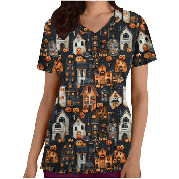 Funicet Tops for Women,Shorts for Women,Womens V-Neck Halloween Printed Short Sleeved Pocket Workwear Top,3/4 Sleeve Tops for Women,Halloween Tops for Women