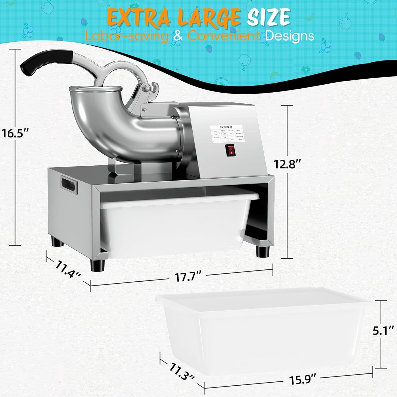 Commercial Ice Shaver 500LBS/H Electric Ice Crusher Snow Cone Machine 300W 48L