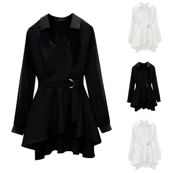 Sentmoon T-Shirts V Neck Long Sleeved Women's Tops Irregular Hem Solid Color Flowy Womens Clothing 2025 Fall Comfy for Business Casual Black XXL