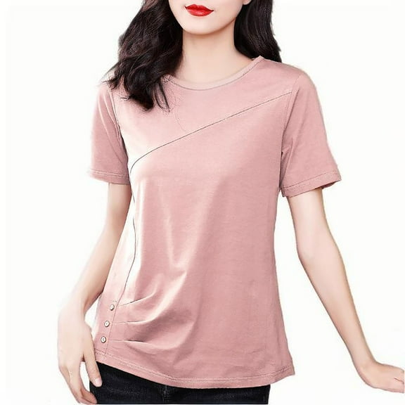 Jalioing Women's Fashion T Shirt Short Sleeve Pleated Button Tee Shirt Trendy Casual Crew Neck Summer Tops