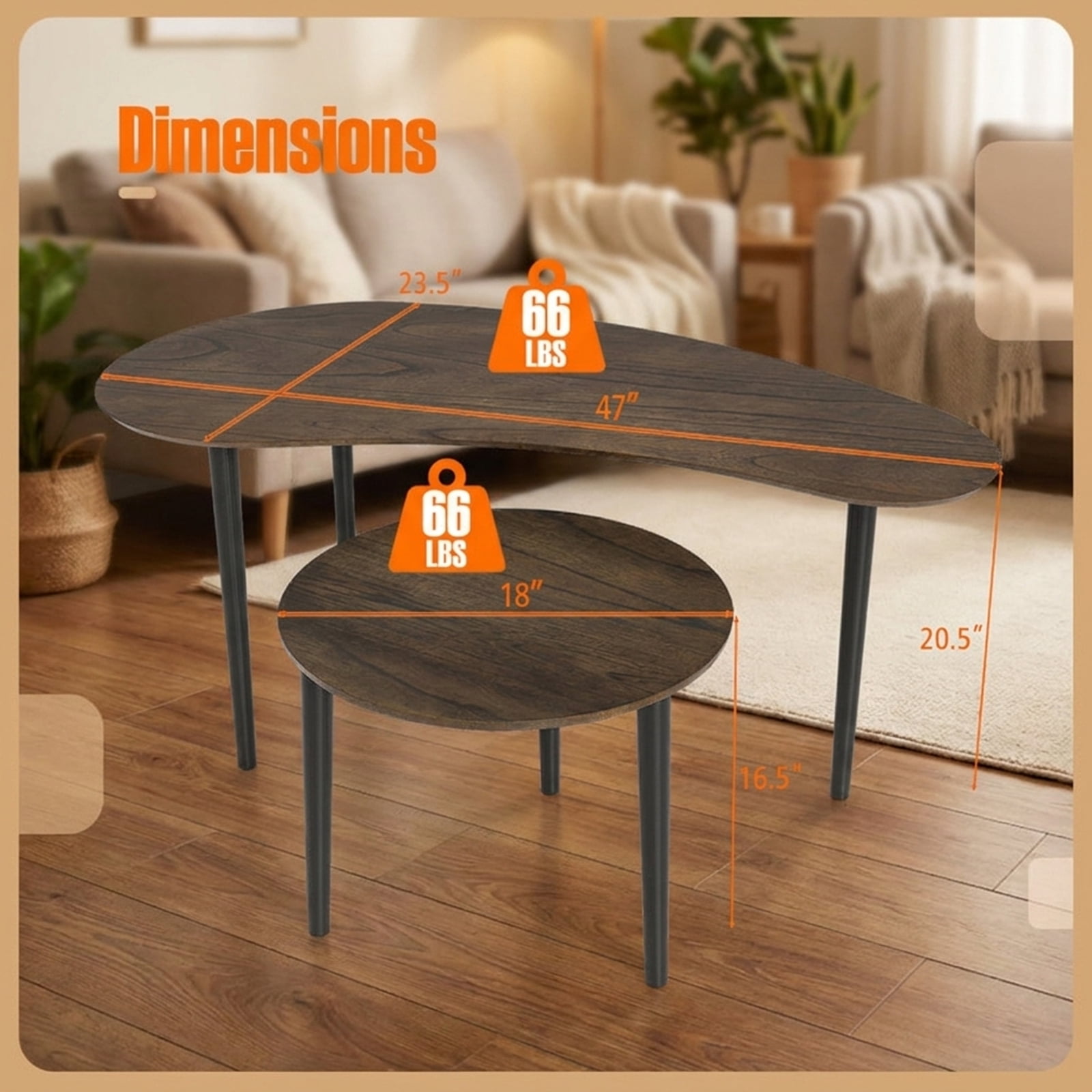 Furnibear 2 Pieces Mid Century Nesting Tables with Rubber Wood Legs - Brown - Living Room Center Table
