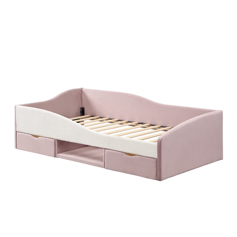 Twin Size Upholstered Daybed Frame, Low-Profile Storage Platform Bed with 2 Drawers and Open Compartment, Two-Tone Accent Kids Bed