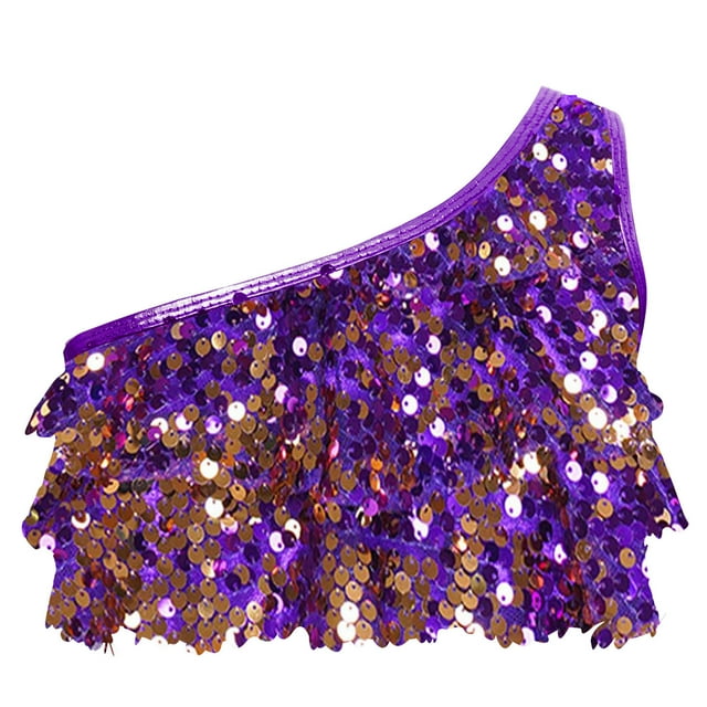 Nyeemya Kids Girls Sequin Dance Tops Stage Performance Asymmetrical Shoulder Straps Crop Tops Ruffle Detail Dancewear Purple C 4