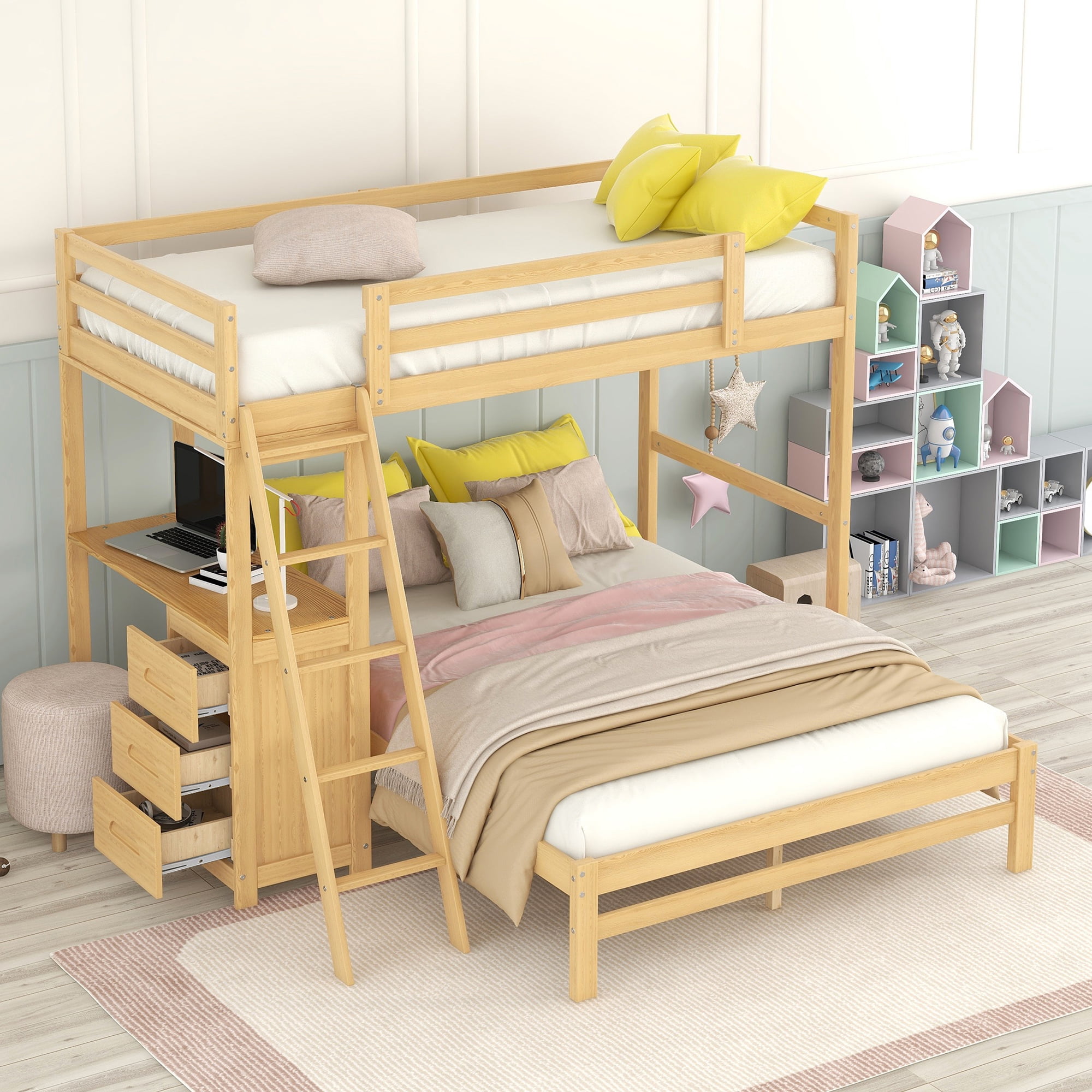 EUROCO Twin over Full Bunk Bed with Desk and Drawers for Kids Teens, Natural
