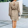 thumbnail image 4 of JURANMO Wedding Guest Dresses for Women Long Sleeves Sparkling Sequins Party Dress Ruched Flowy Tunic Mini Dress with Belt Gold L, 4 of 8