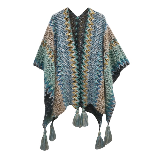 WZXFASHION Womens Shawls Soft And Comfortable Knitted Sweater Tops Shawl Tassel Fringed Wraps Matching Cardigan Sweater Irregular Hem Splicing Colourful Sweater Cardigan Scarf Blue2 One Size