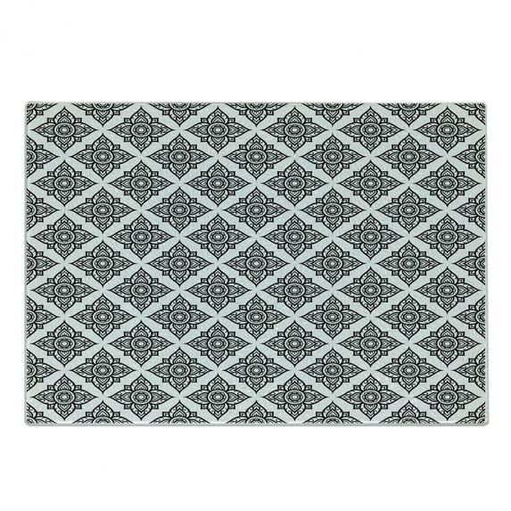 Orient Cutting Board, Monochrome Pattern with Floral Motif Ornament Print, Decorative Tempered Glass Cutting and Serving Board, in 3 Sizes, by Ambesonne