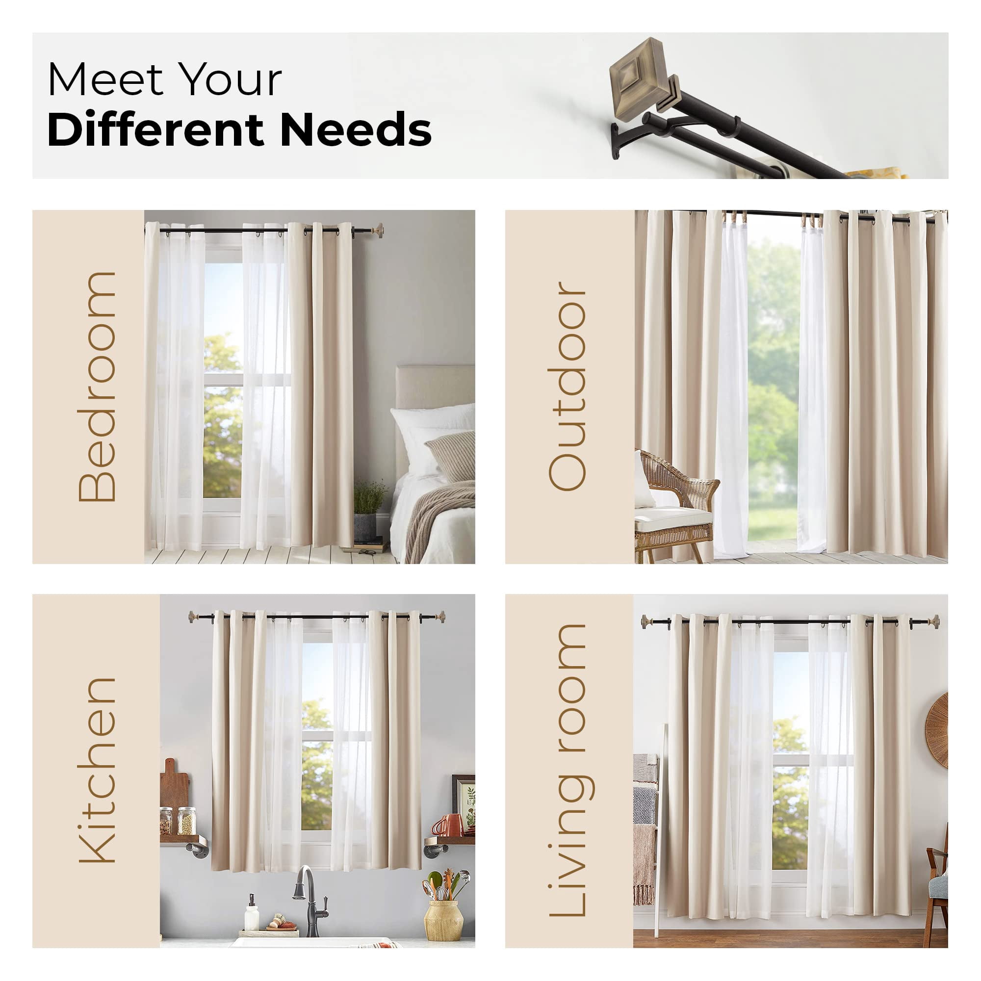 Deco Window 36 to 66 inches Extendable Double Curtain Rod for Door with Square Finials (19mm Dia, Antique Brass)