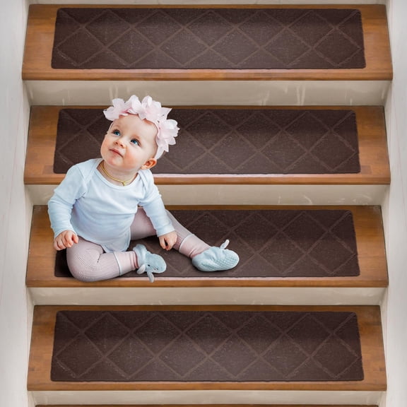Diamond Brown Carpet Stair Treads for Wooden Steps Indoor, 8 x 30. Set of 15 Adhesive Stair Carpet Treads. Soft and Safe Polyester Step Carpet for Stairs Non Slip. Washable Rugs for Stairs