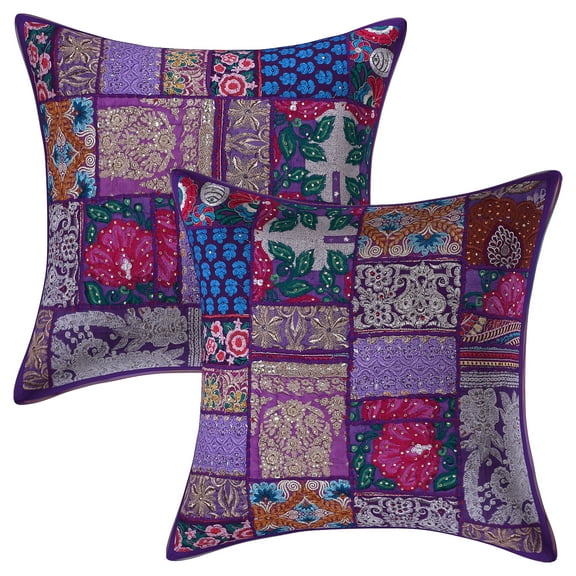 Stylo Culture Ethnic Cotton Home Decor Throw Pillow Covers Purple 20 x 20 Bohemian Vintage Patchwork Ethnic Sofa Cushion Covers 50x50 cm Living Room Abstract Square Pillow Cases | Set Of 2