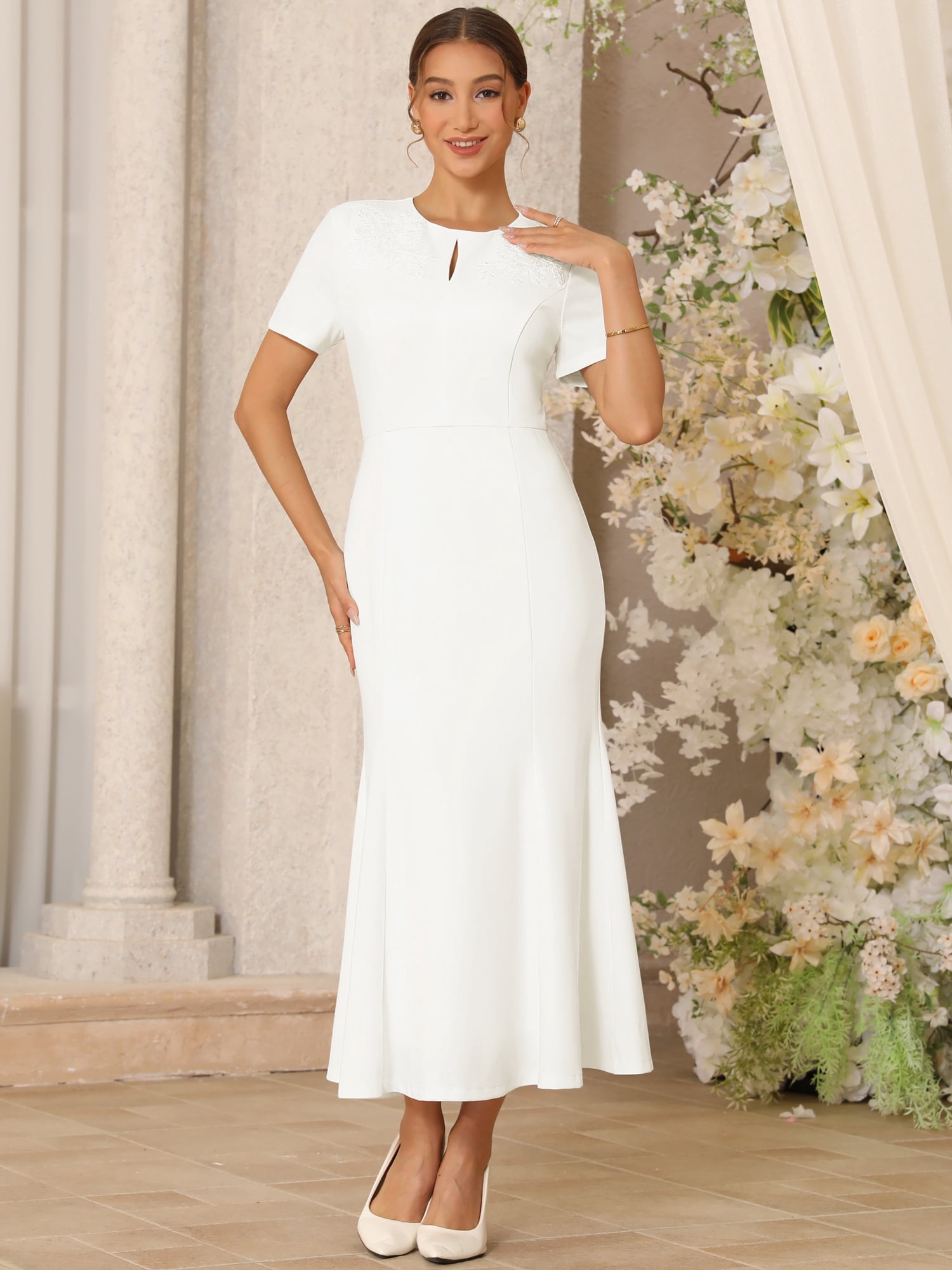 DARING DIVA Women's Lace Embroidered Crewneck Midi Dress for Wedding M White