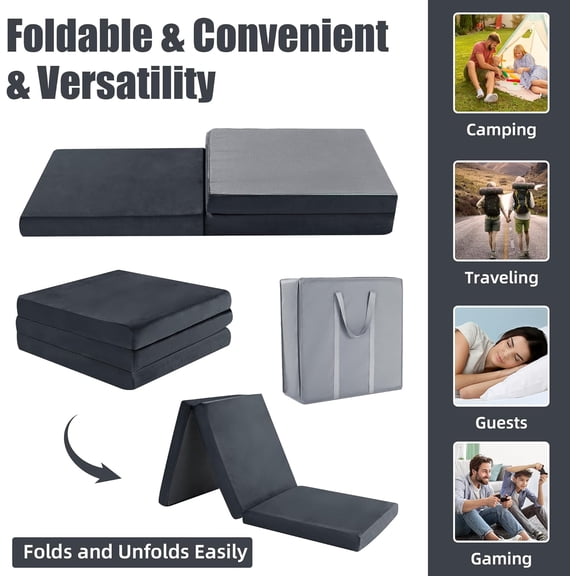 Tri Folding Memory Foam Camping Mattress for Outdoor Sleeping, Portable Waterproof Camping Pad Mat for Travel Truck Bed Tent