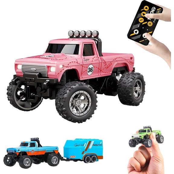 Mini RC Monster Truck, Remote Control Car, 1:64 Scale Monster Truck with Lights, 2.4GHz Rc Monster Truck, Rechargeable Remote Control Semi Truck with Trailer, Speed/Steering Adjustable