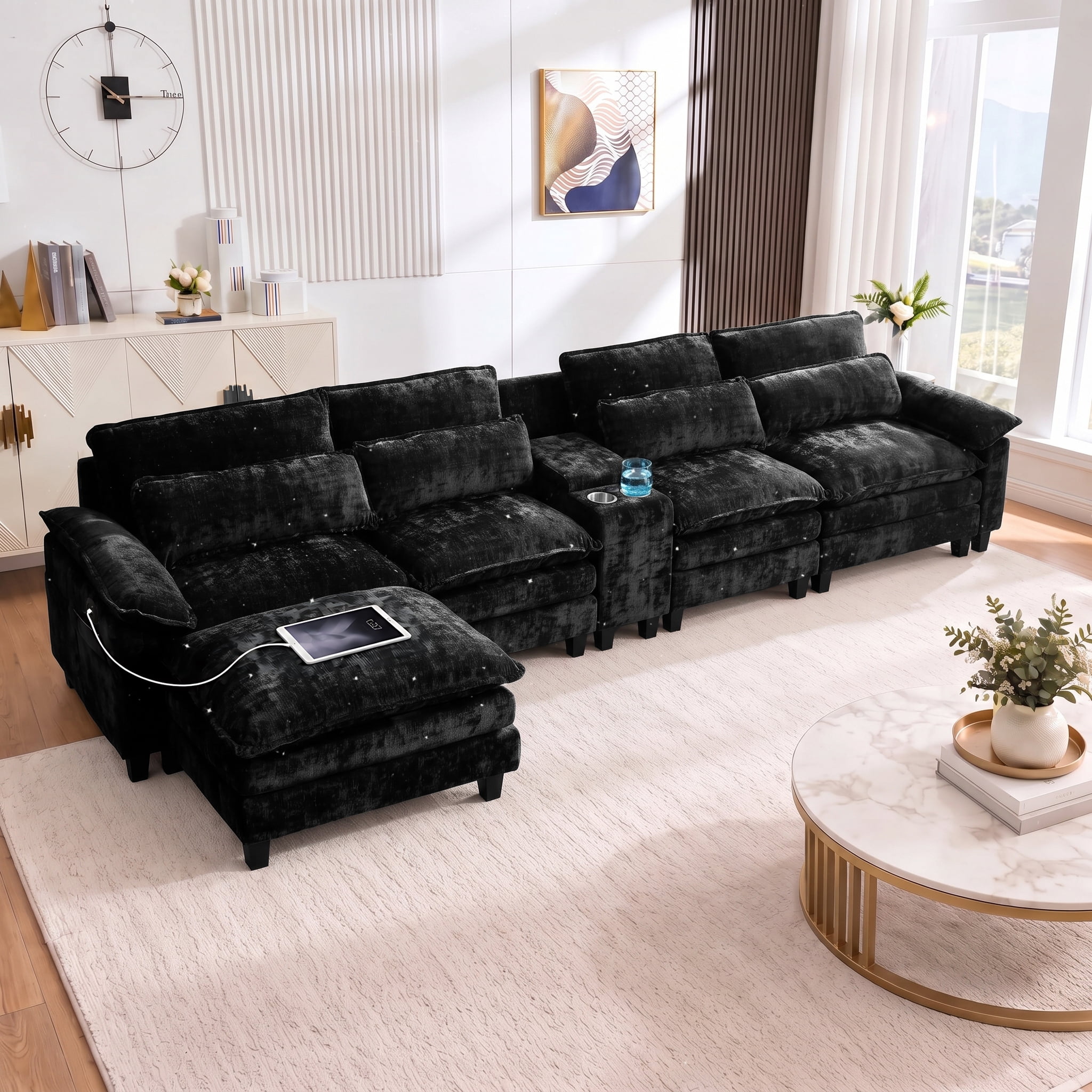 UBERLYFE 157" U-Shaped Cloud Sectional Sofa, Modular Couch With Double Chaise, USB Charging Ports, Hidden Storage For Living Room, Black