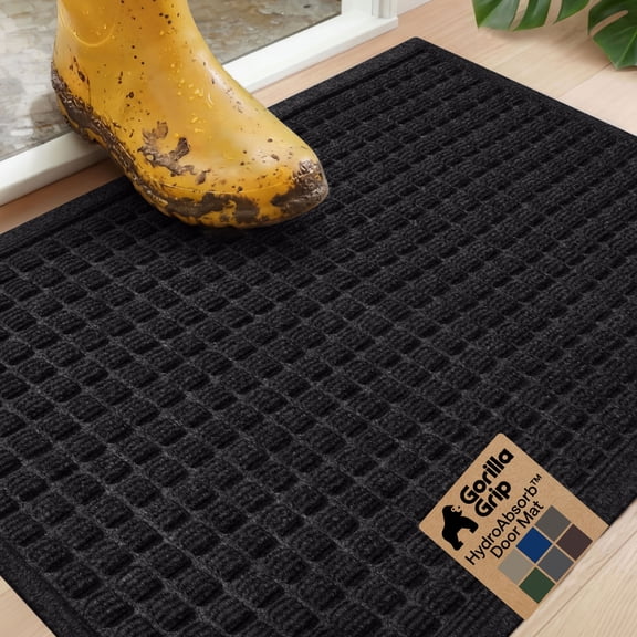 GORILLA GRIP HydroAbsorb Doormat, Indoor Outdoor Rubber Backed Weather Mat, 29x17, Black