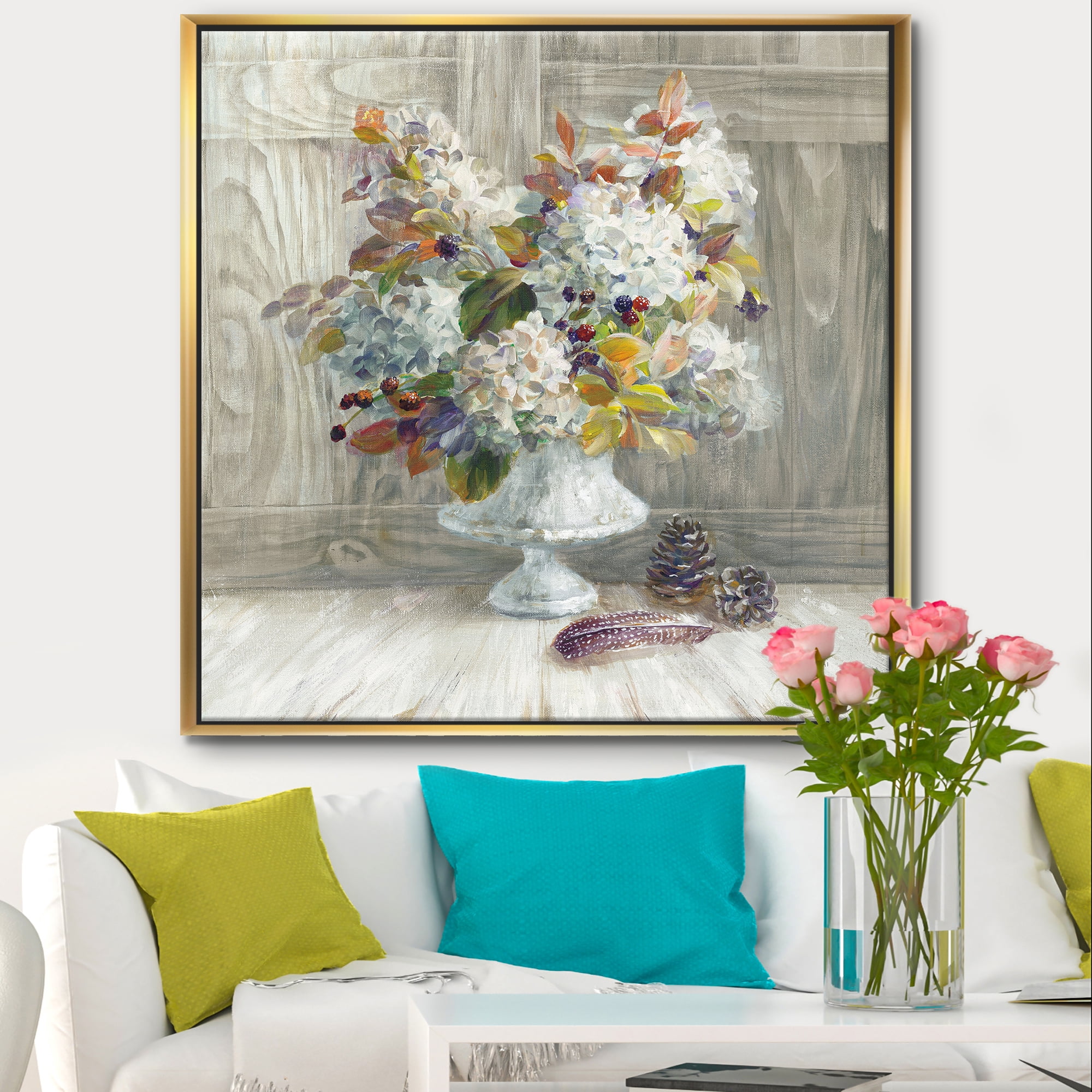 Designart ' Rustic Florals White ' Cabin & Lodge Framed Canvas
