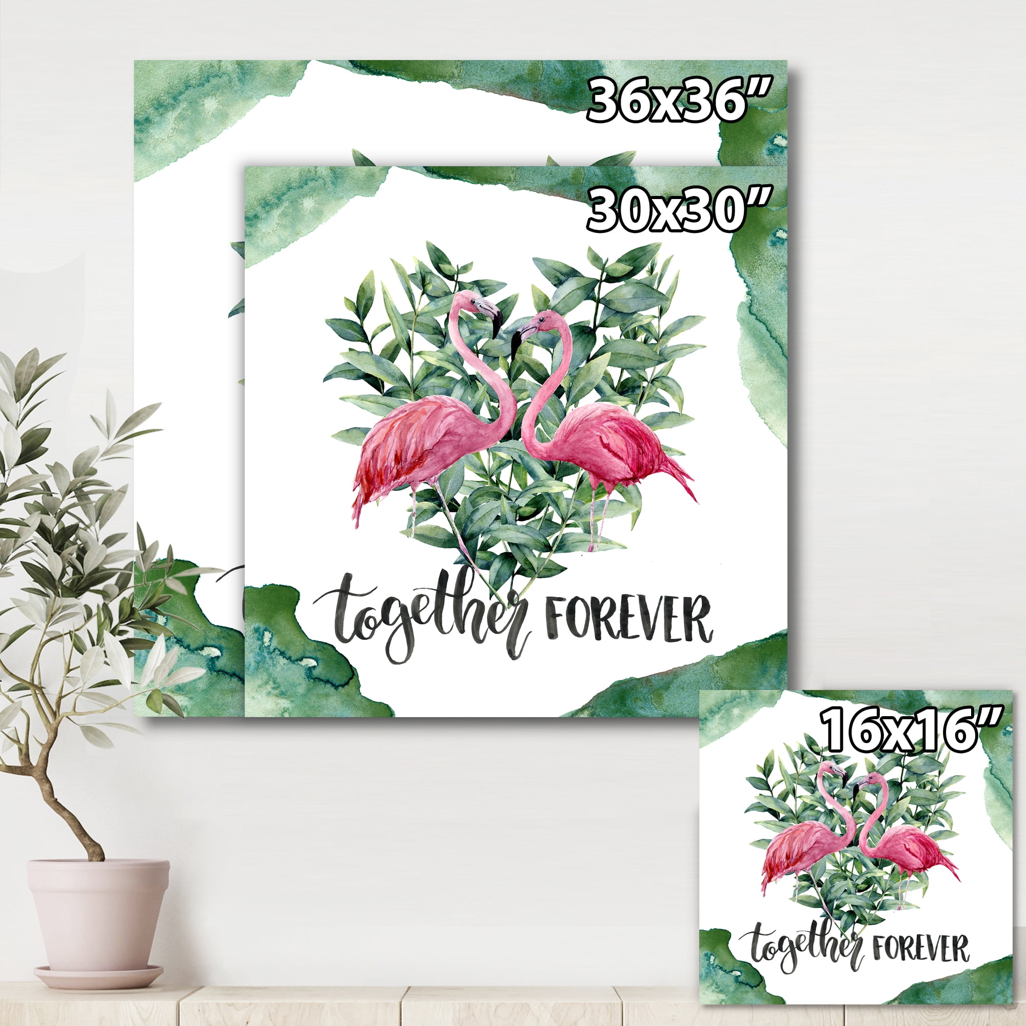 Designart ' Eucalyptus Leaves With Flamingo Floral Heart ' Traditional Canvas Wall Art Print
