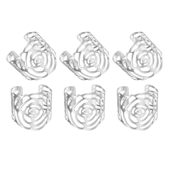 12 piezas de anillos de servilleta de metal con patrón de rosa hueca para la cena