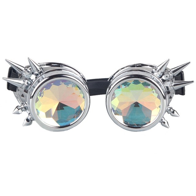 C.F.GOGGLE Rivet Kaleidoscope Rave Rainbow Crystal Lenses Steampunk Goggles, Black/ Copper/ Brass