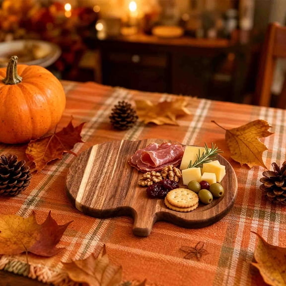Solid Wood Pumpkin Shaped Serving Tray, Rectangular Harvest Theme Platter & Cutting Board, Rustic Fall Decor for Appetizers, Desserts, Cheese, Fruit, Thanksgiving Dinner Table, Brown