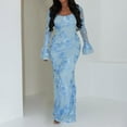 thumbnail image 2 of FRSASU Maxi Dresses for Women Elegant Classy Fall Winter Long Bell Sleeve Ruched Bodycon Fitted Cocktail Party Dress Blue, 2 of 8