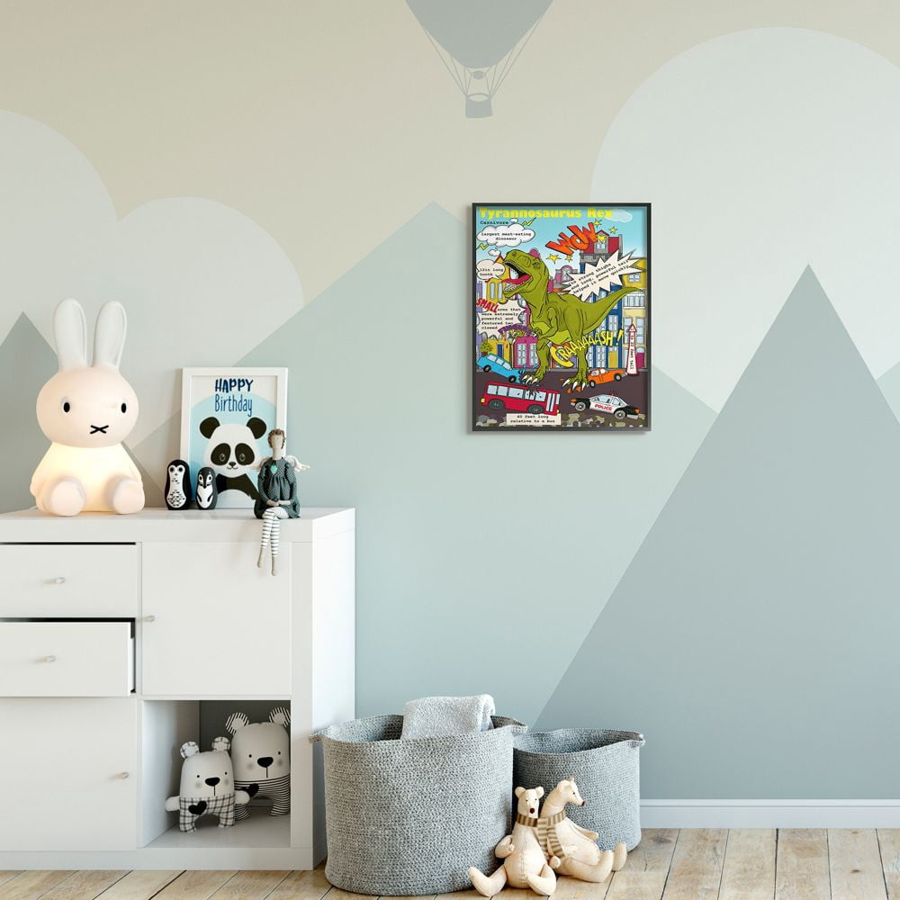 Stupell Industries Fun Dinosaur Facts T-Rex Destroys City Scene Framed Wall Art Design by Sangita Bachelet, 16" x 20", Black Framed