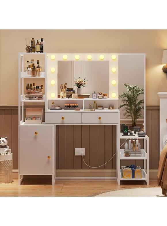55.1" Large Vanity Desk with LED Lighted Mirror, Power Outlet and 3 Drawers, Makeup Vanity Table with Full-Length Mirror, White