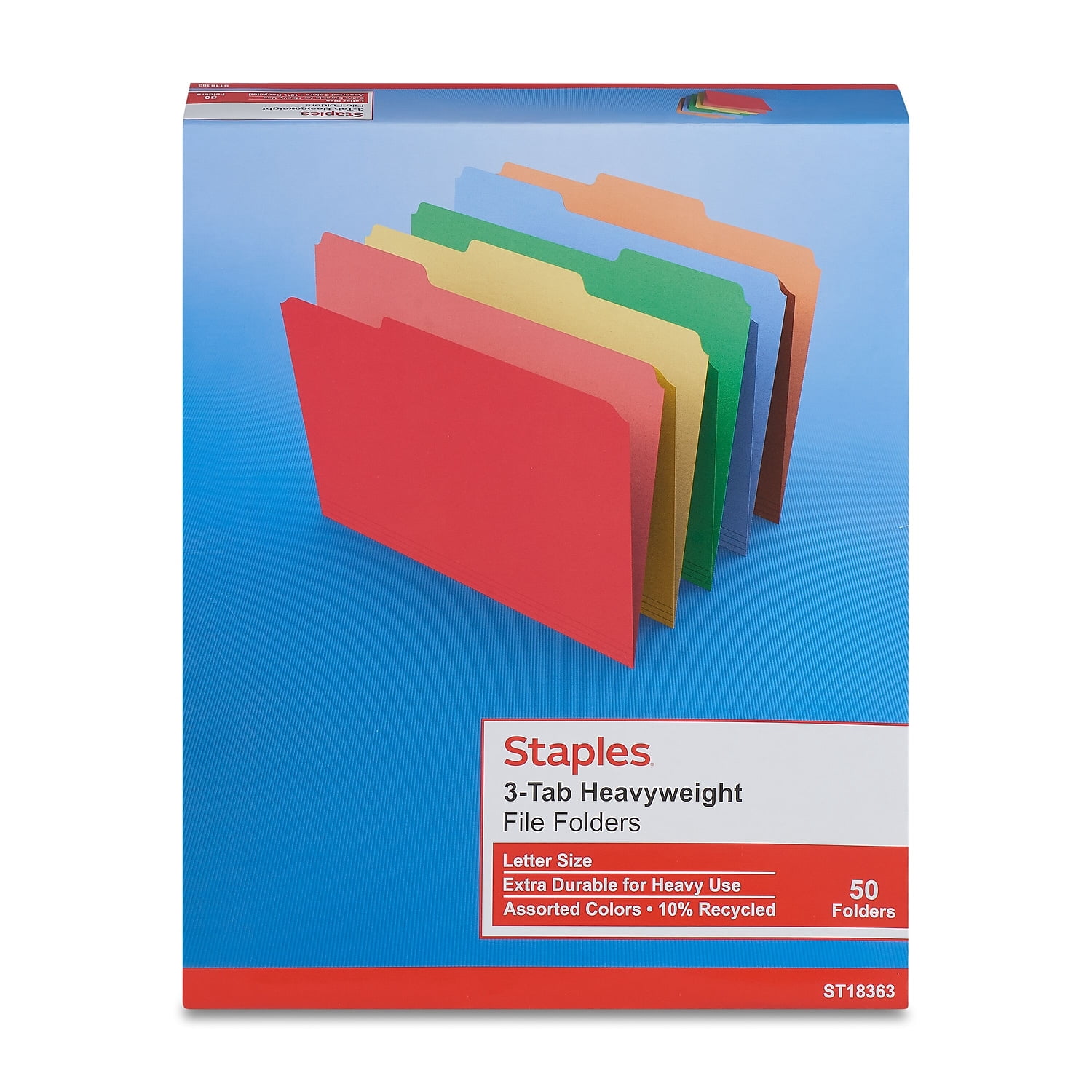 Staples Heavyweight File Folders 1/3-Cut Tab Letter Size Assorted Colors 50/Box (ST18363-CC) 810351