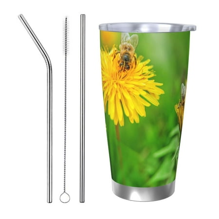 

Zeuib Bees Pollinates A Yellow Dandelion Printed 20oz Stainless Steel Insulated Car Cup Stainless Steel Thermal Cup Vacuum Insulated Leak-proof Travel Mug Cup-Straw Three-piece Set