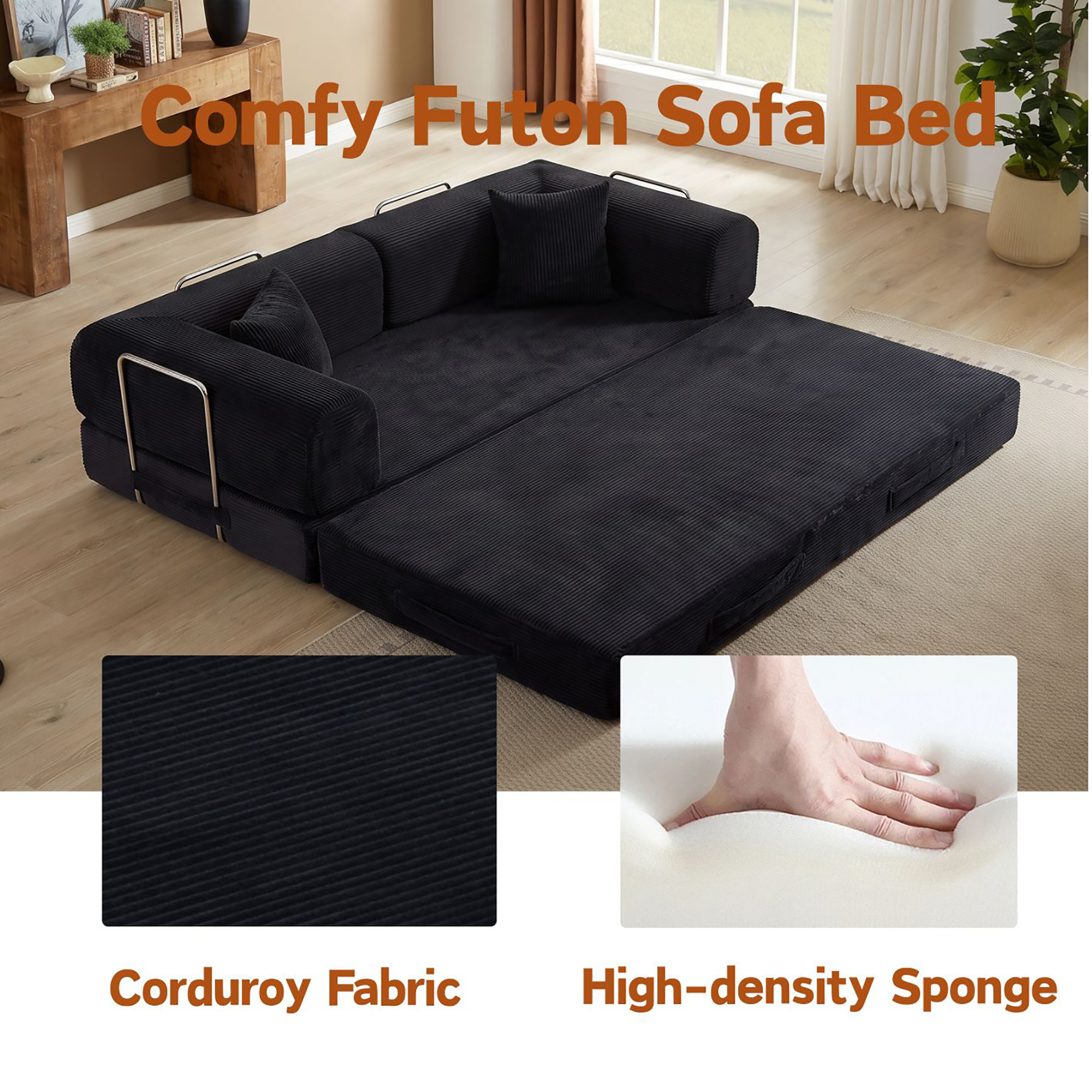HOQBN Convertible Sofa Bed, Corduroy Fold Out Futon Sleeper Mattress with Pillows, Boneless Folding Floor Couch for Living Room Bedroom Black