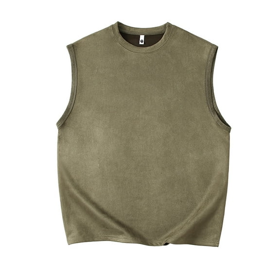 Jalioing Sleeveless Tank Top for Men Oversized Scrub Waistcoat Vest Shirt Crew Neck Solid Color Pullover Tops (Large, Army Green)