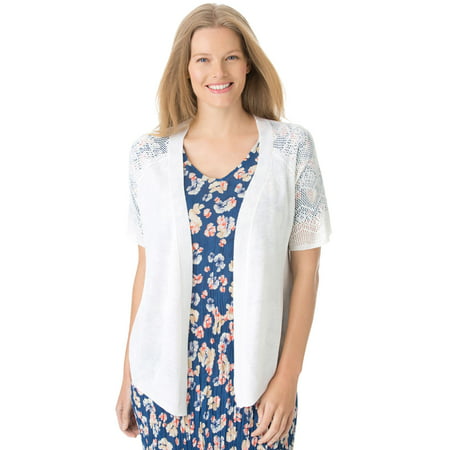 Woman Within Plus Size Open Front Short Sleeve Pointelle Cardigan
