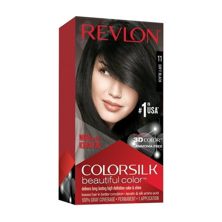 Revlon Colorsilk Beautiful Color Permanent Hair Dye, Dark Brown, At-Home Full Coverage Application Kit, 11 Soft Black, 1 count
