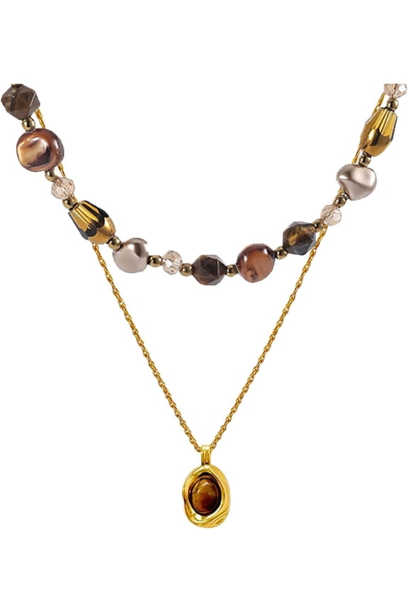 Bohemian Layered Necklace Set - Tiger's Eye Healing Crystal Layering Pendant Necklace with 14K Gold-Tone Chain, Vintage Brown Jewelry Gift for Women
